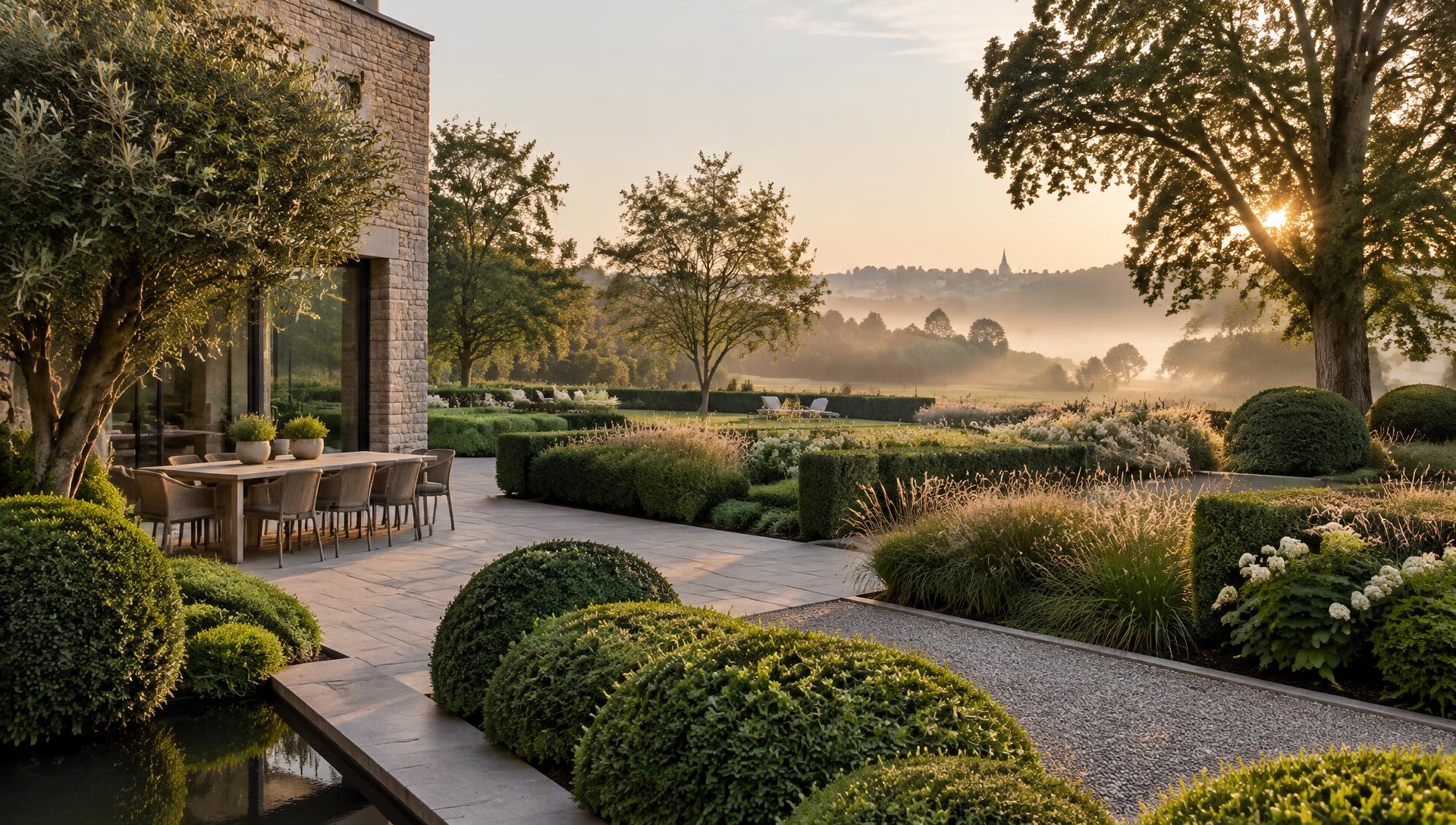 Elegante tuin met strakke hagen, siergrassen en natuurstenen terras bij zonsopgang