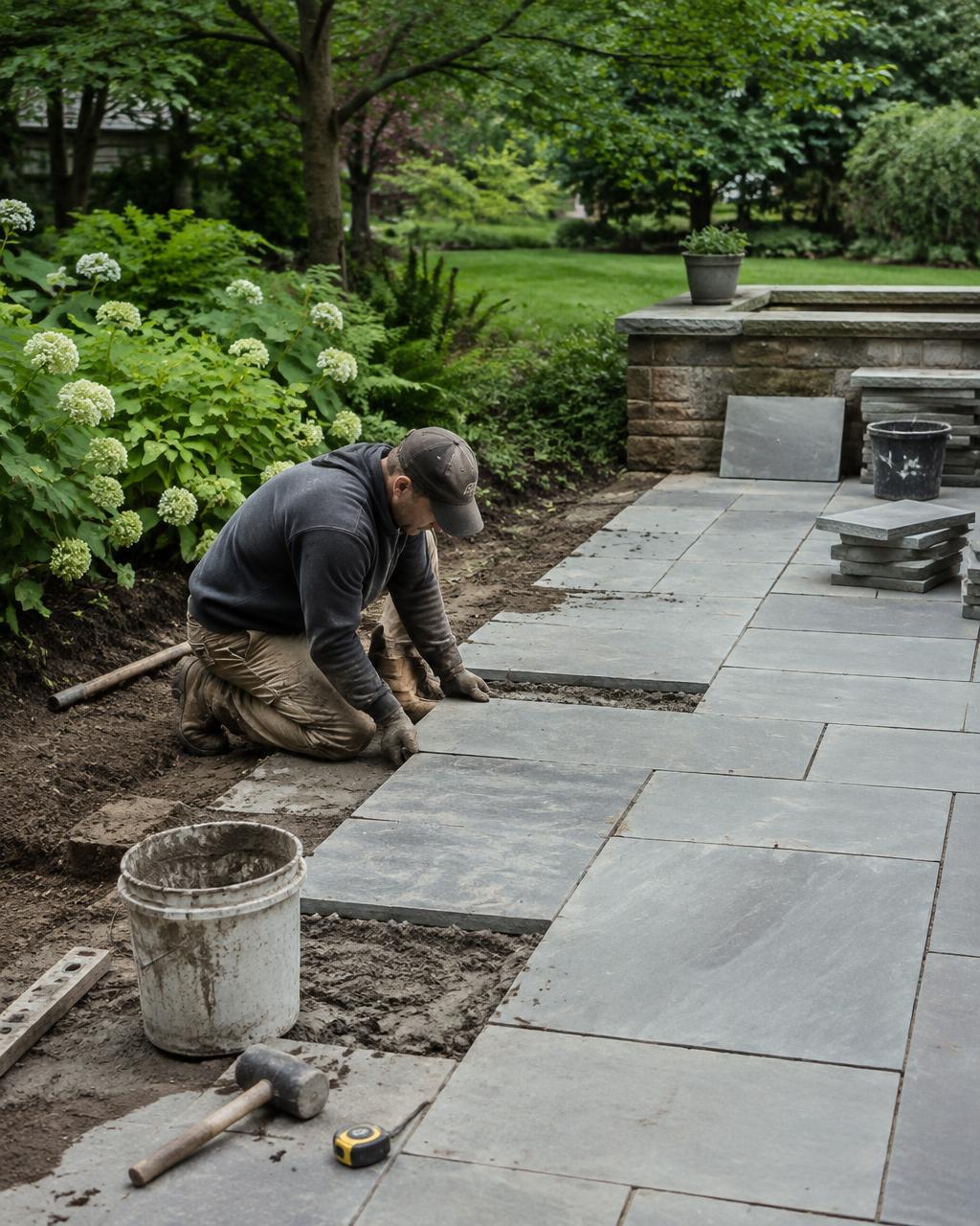 Vakman legt natuurstenen terrastegels
