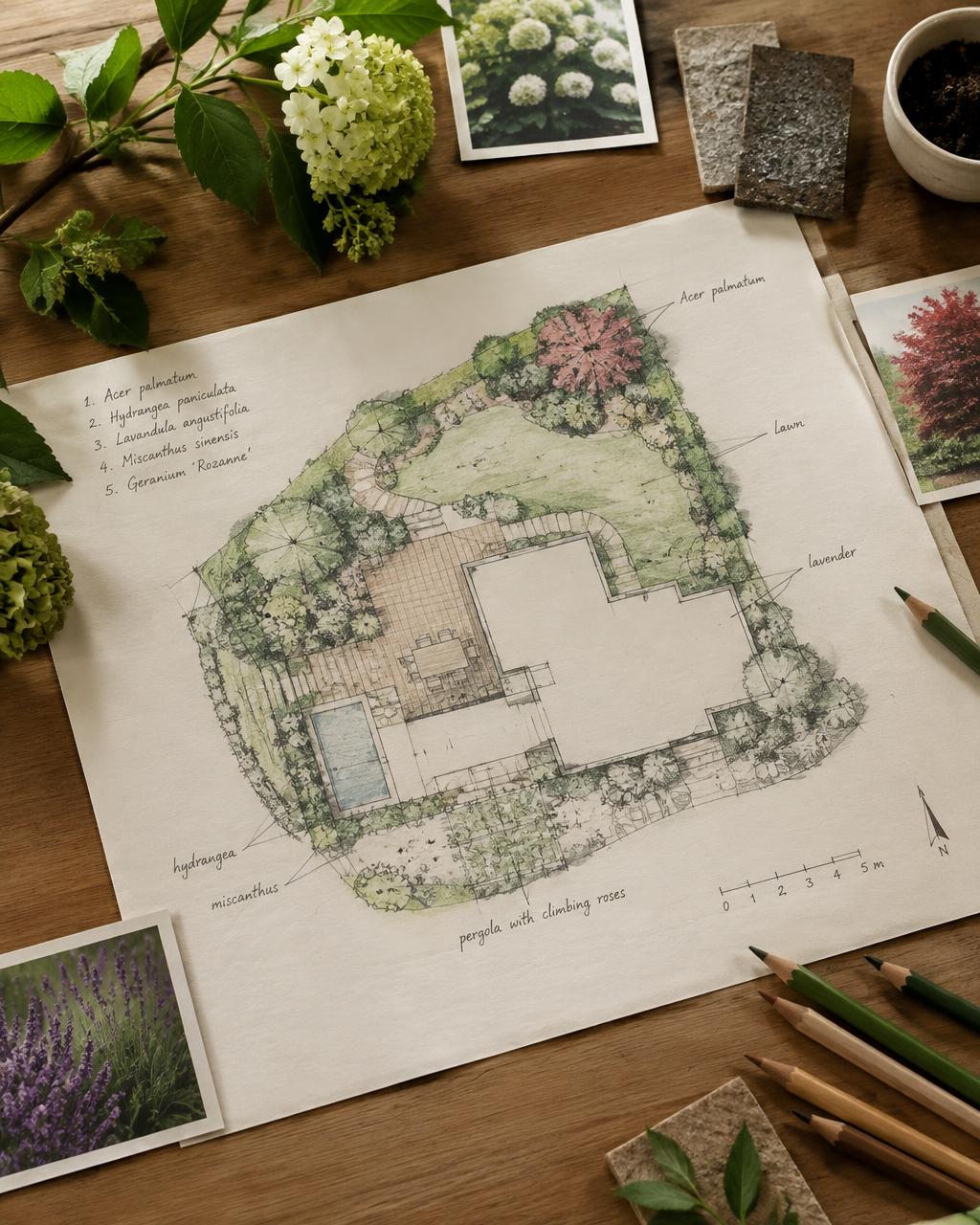 Handgetekend tuinontwerp met potloden en plantstalen